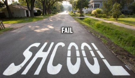 school sign spelled wrong on road in a school zone. written shcool