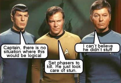 Spock, Kirk and McCoy make fun of Captain Picard